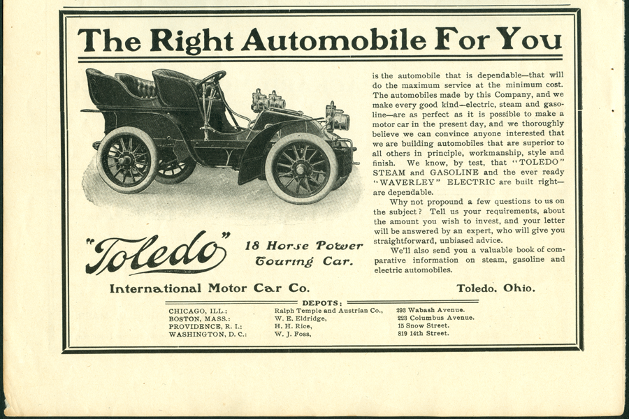 Toledo Steam Carriage, International Motor Car Company, Magazine Advertisement, Horseless Age, p. xx